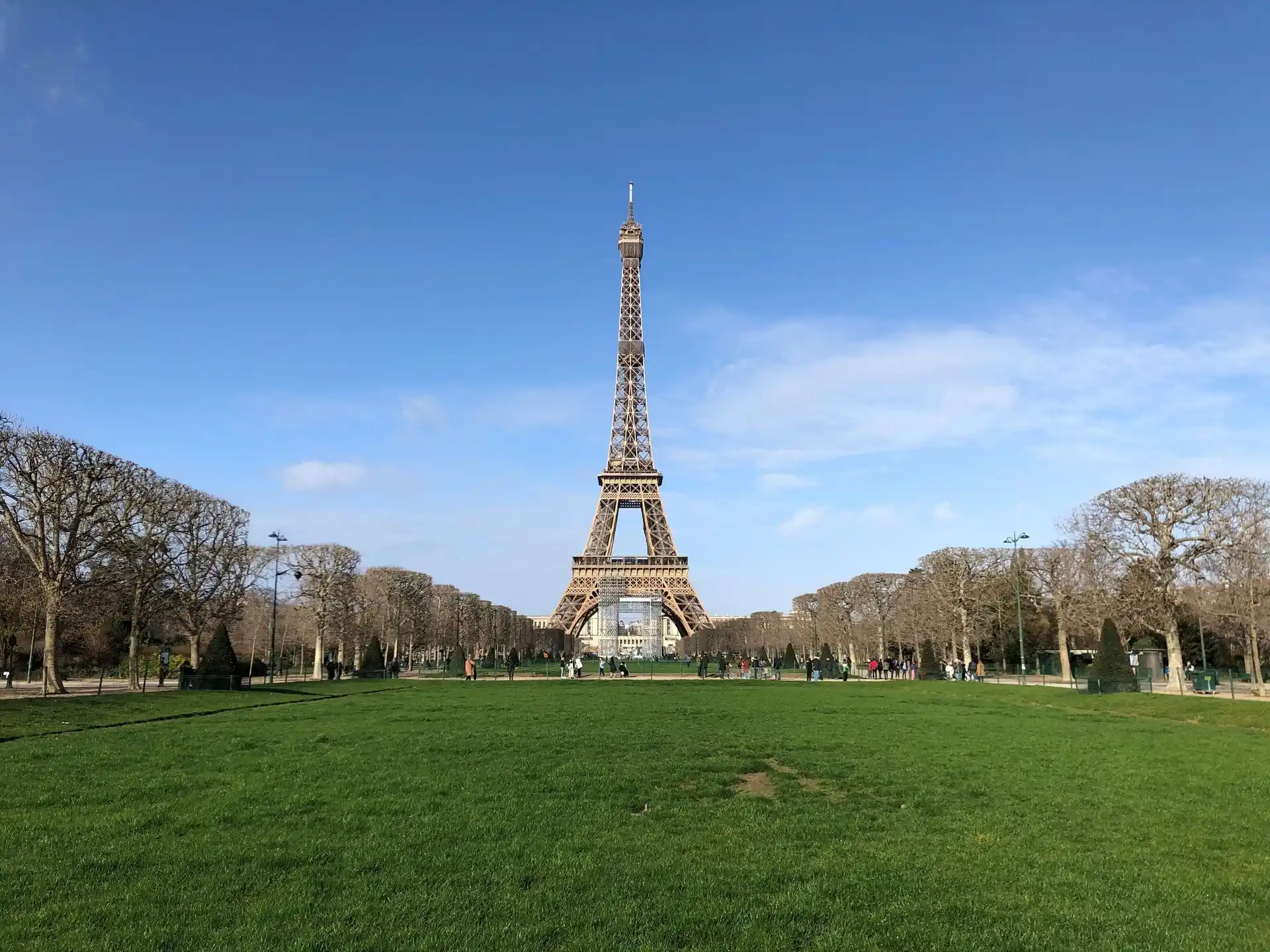 The Eiffel Tower seen from the Champ de Mars on a clear day