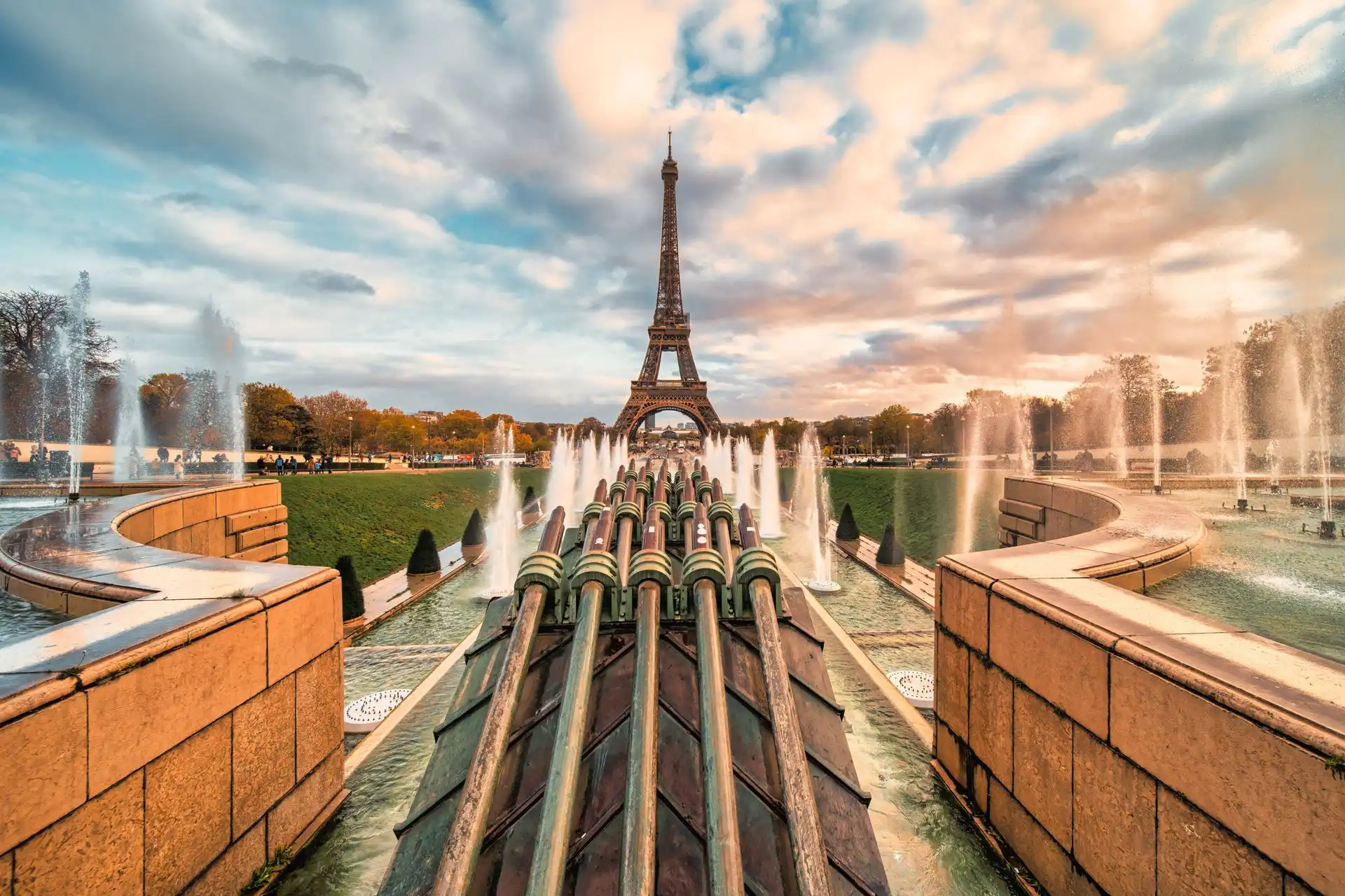 The Eiffel Tower seen across the Trocadéro fountains The Eiffel Tower seen across the Trocadéro fountains